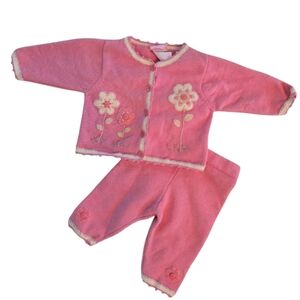 Vintage Y2K Pink Embroidered Flowers Cardigan Sweater and Pants Set